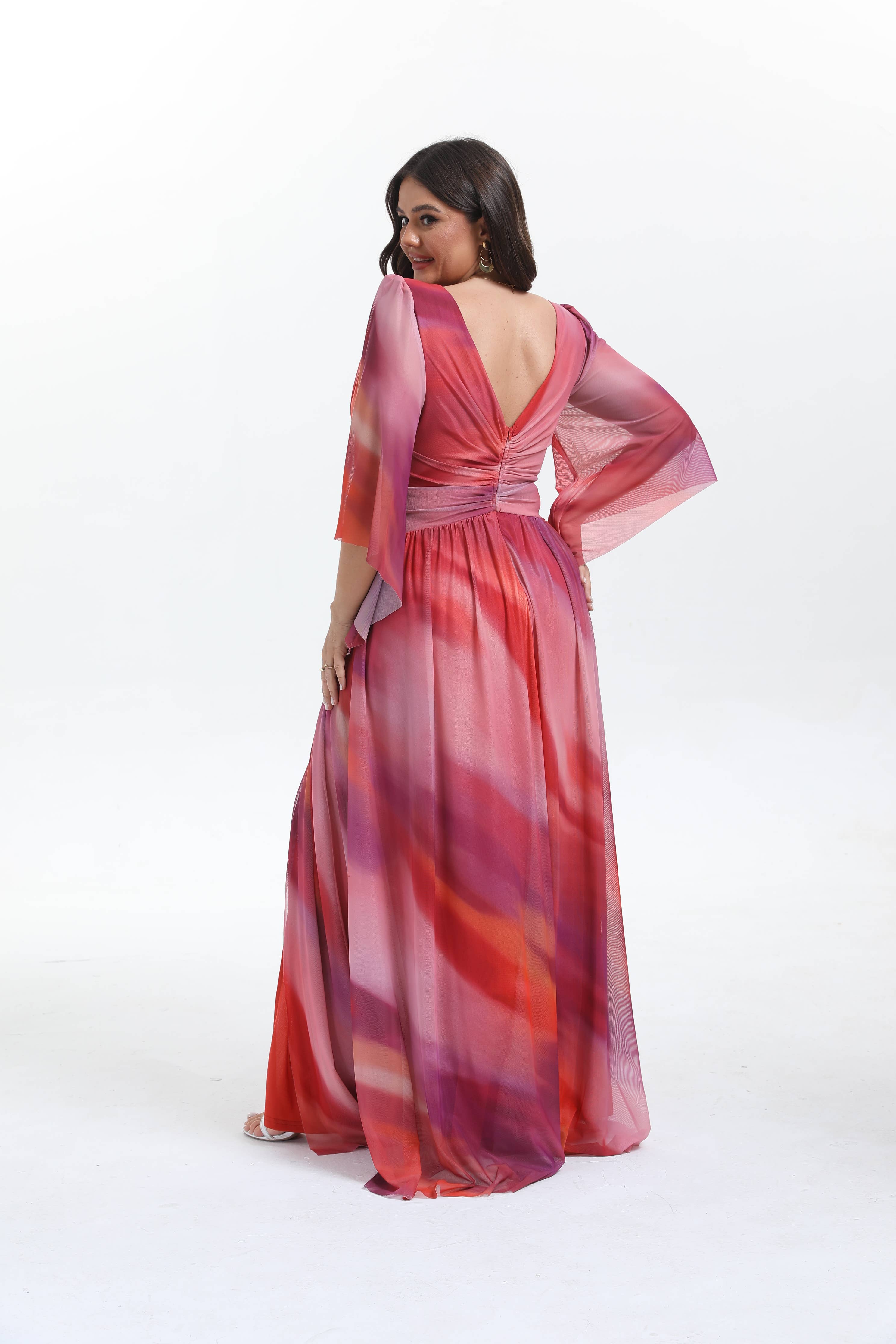 Lucas & Emma - Sarl RJ & co - Wholesale Dress - Women's - Plus size long flared dress with mid-length sleeves 2537-13