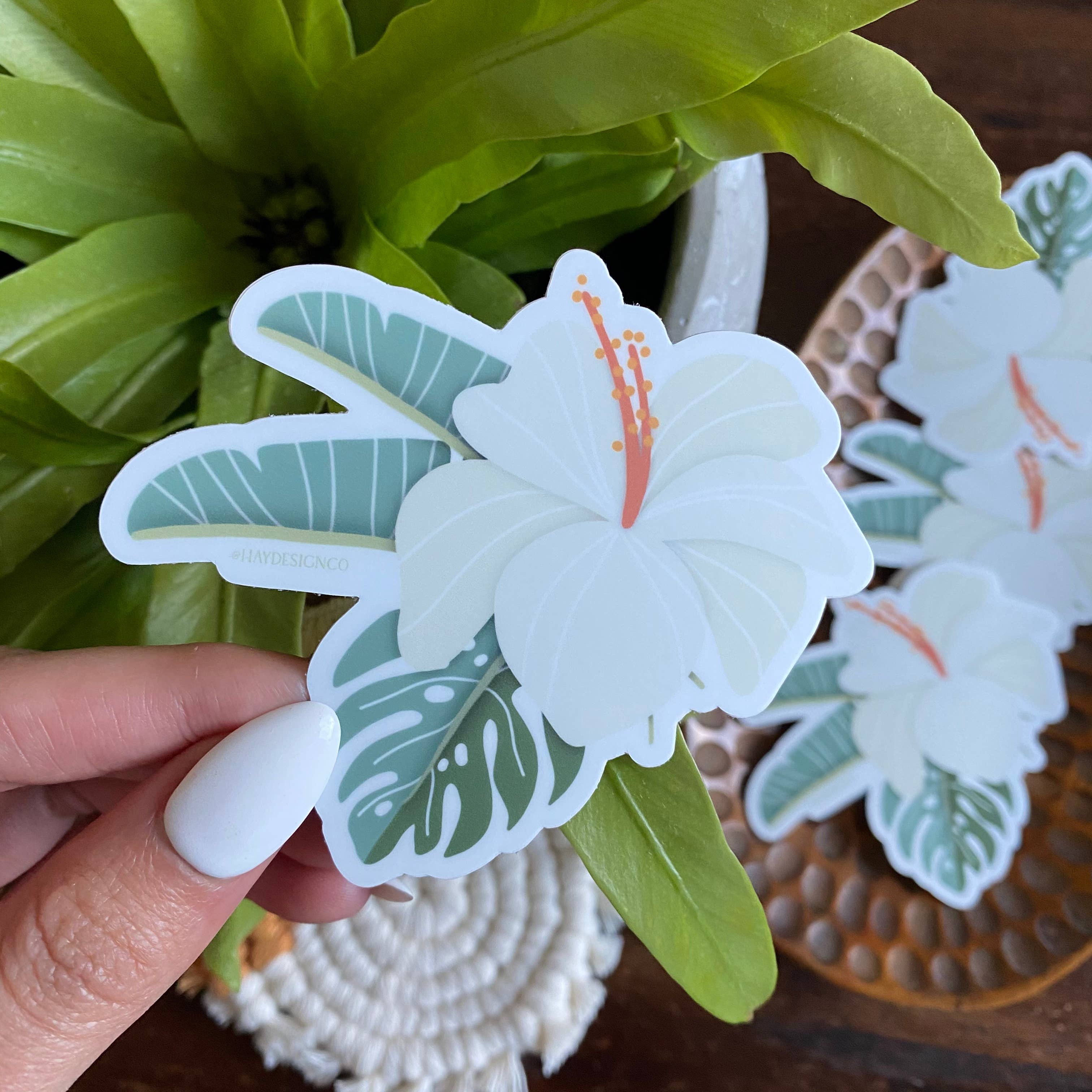 Hay Design Co. - Wholesale Sticker - White Hibiscus and Tropical Leaves Sticker3