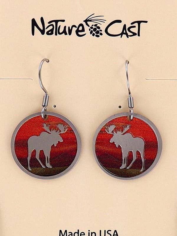 22006 Earring Dangle Round Moose with Colorful Background for wholesale by Nature Cast