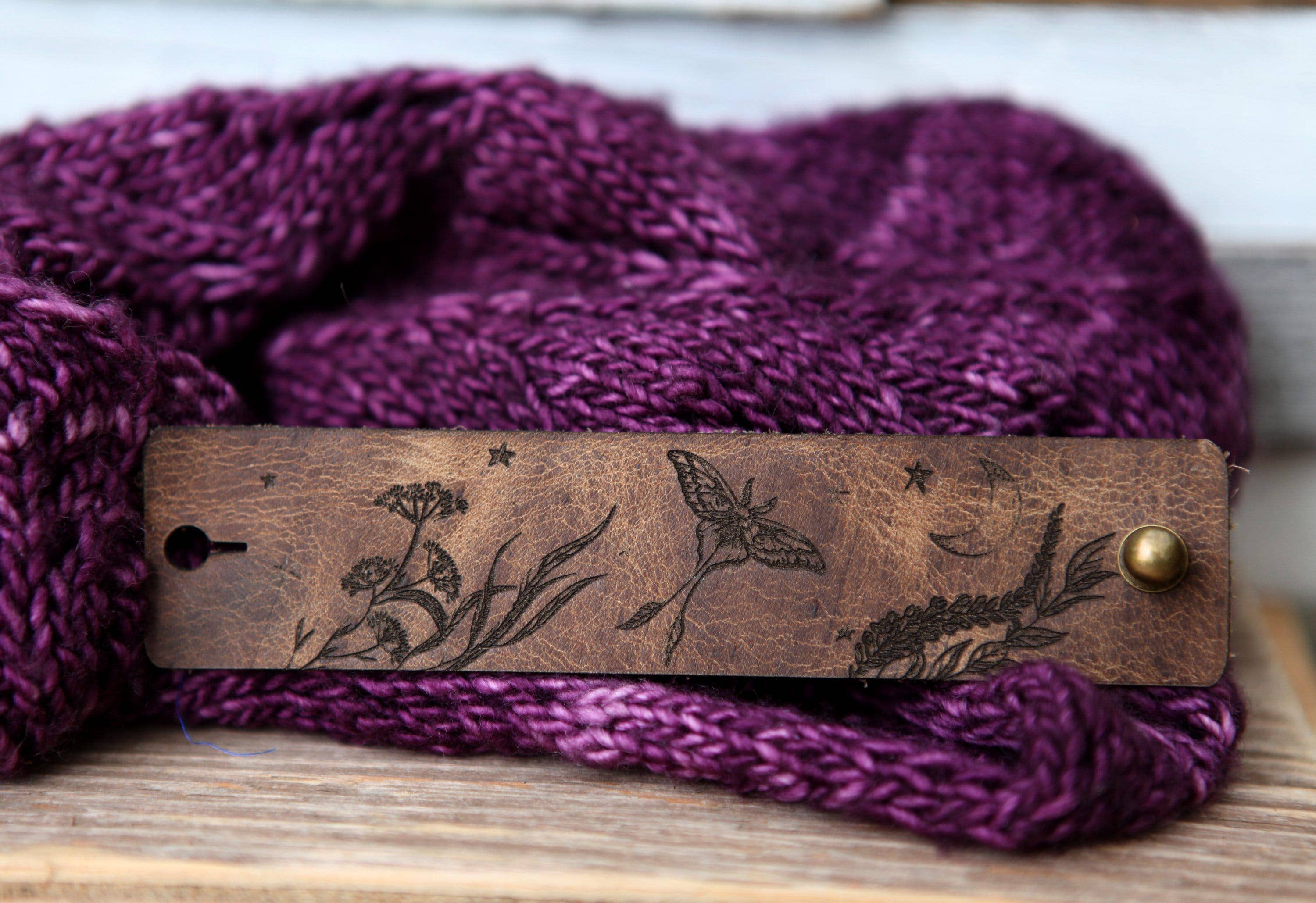 Sunrise Grove - Wholesale Scarf Clip - Women's - Luna Moth Moon & Stars Leather Shawl Cuff with Bronze Stud0