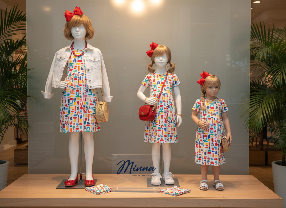 Minna - Wholesale Dress - Kids -  Short Sleeve Jersey Twirl Dress - Colorful Retro Shapes1