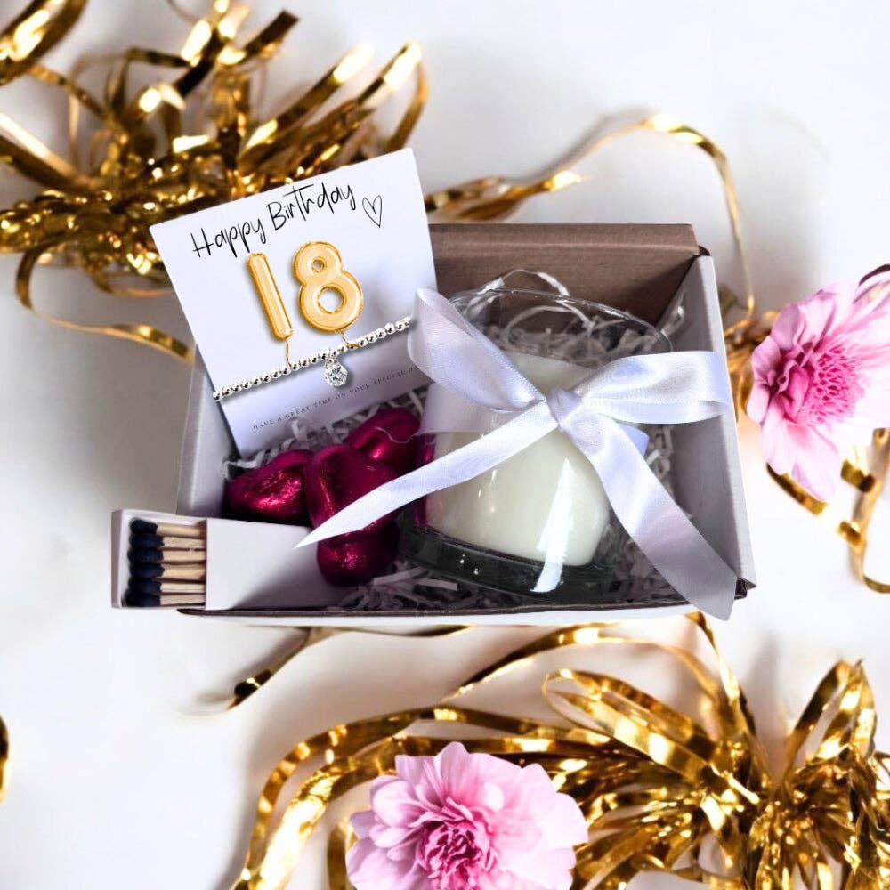 Aye Do Gifts - Wholesale Gift Box - Small 18th Birthday Gold Balloon Hamper | Candle, Bracelet, Chocolates1