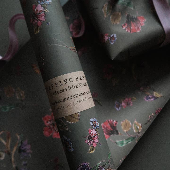 MyDesignPictures - Wholesale Wrapping Paper Roll - Set Of 3 Pieces Flowers on dark grey Wrapping Paper