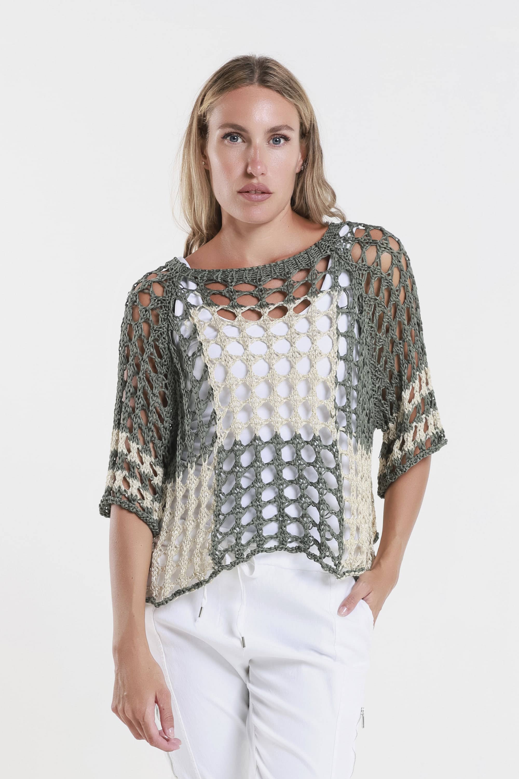 TINA Stephens Italy/Tees By Tina - Vendita all'ingrosso Maglione tricot - Donna - Doris Ballet Slv - Maglia quadrata bicolore (BQ906)13