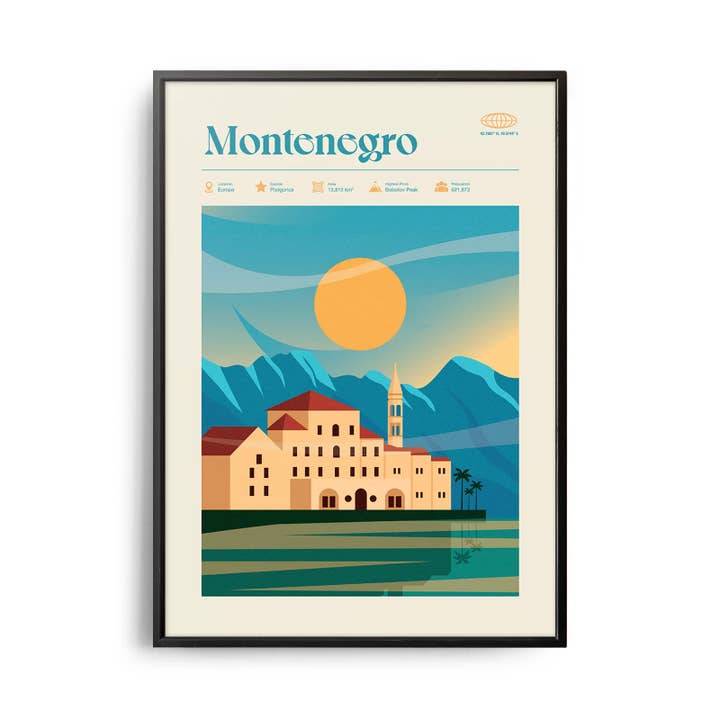 Poster di viaggio retrò del Montenegro in stile Mid-Century Modern per la vendita all'ingrosso da parte di Weekend Concept
