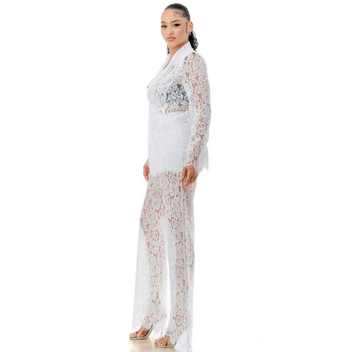 DORCAS - Vente Ensemble haut et pantalon (PAS d'intérieur) - Femme - Ensemble Veste en Dentelle à Manches Longues et Pantalon en Dentelle