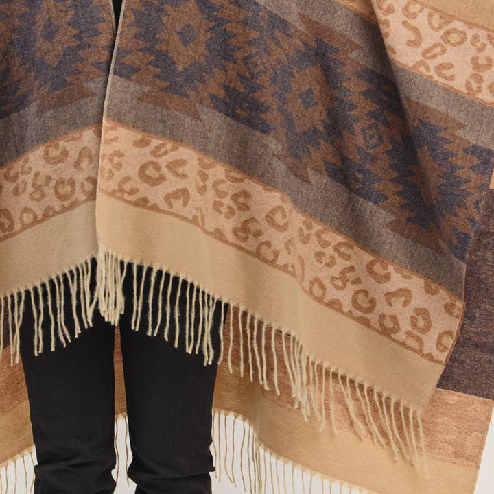 Hana – wholesale Kimono – Women's – Aztec Leopard Pattern Western Style Fringe Ruana14