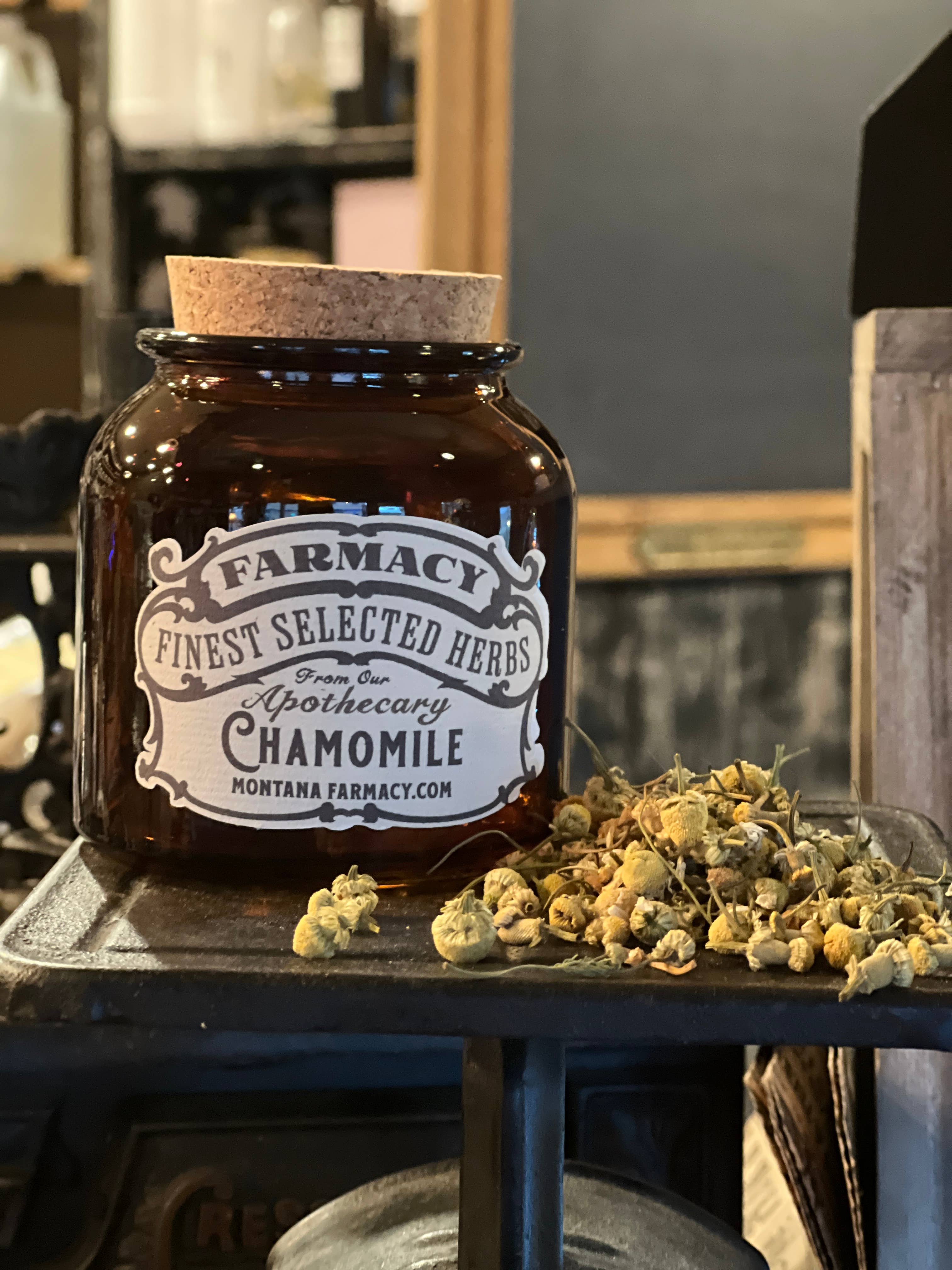 Montana Farmacy - Wholesale Herbs - Vintage Herbal Apothecary Jar with Chamomile
