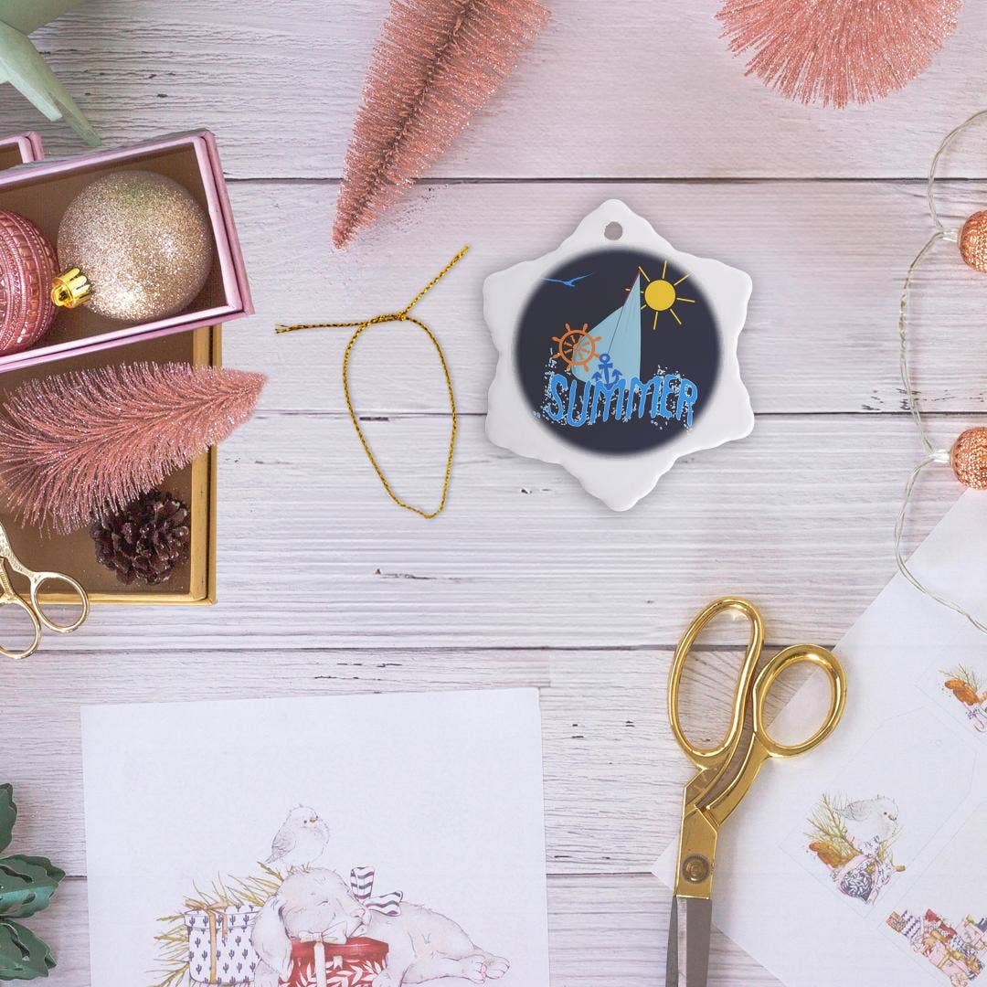 3dRose - Wholesale Ornament - 3dRose, Sea, sailing theme illustration, text Summer, blue background, Ornament5