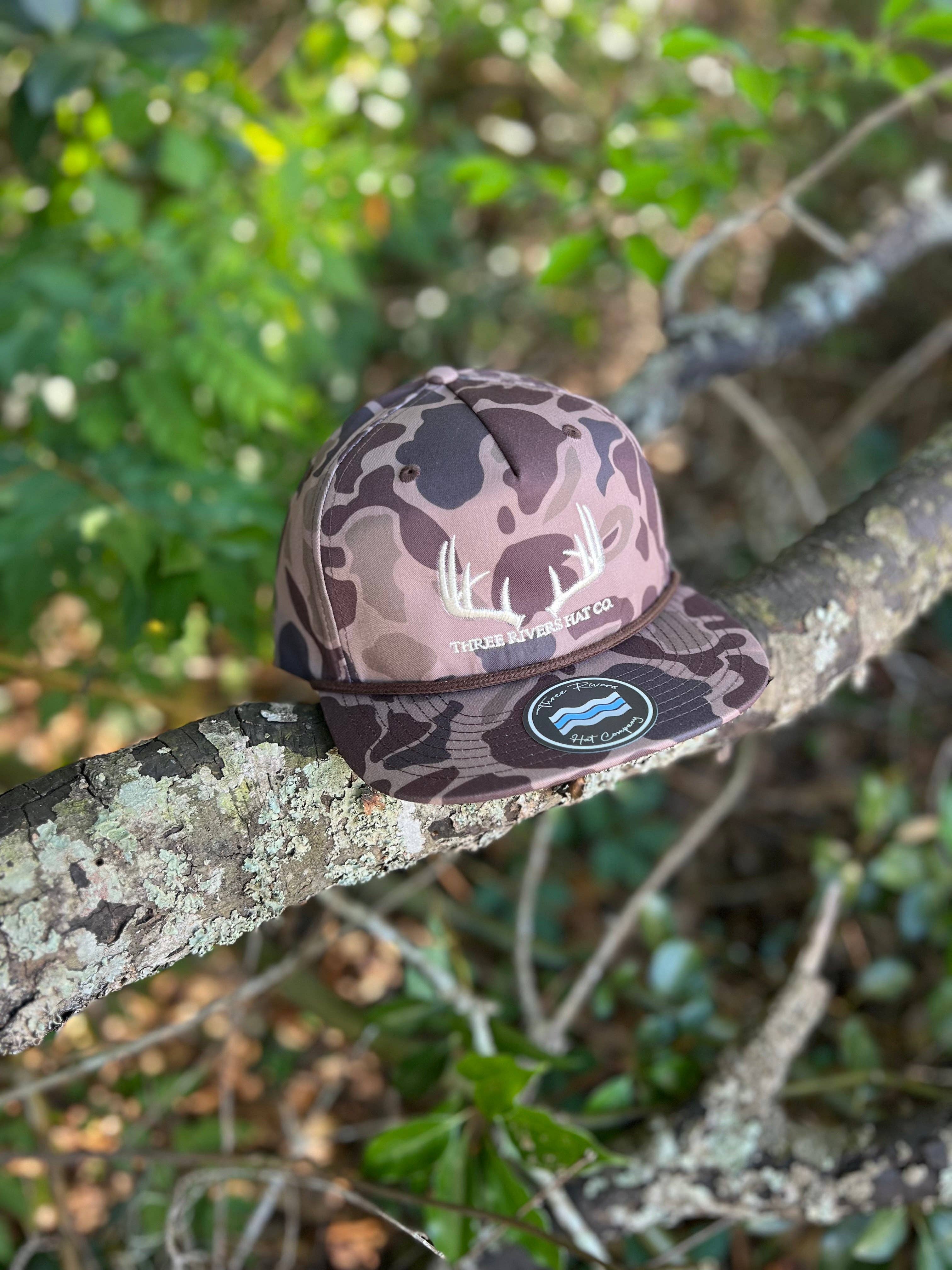 Three Rivers Hat Co. - Wholesale Flat Brim Cap - Unisex - Classic Whitetail Rack - Rope Snapback - Richardson 256p1