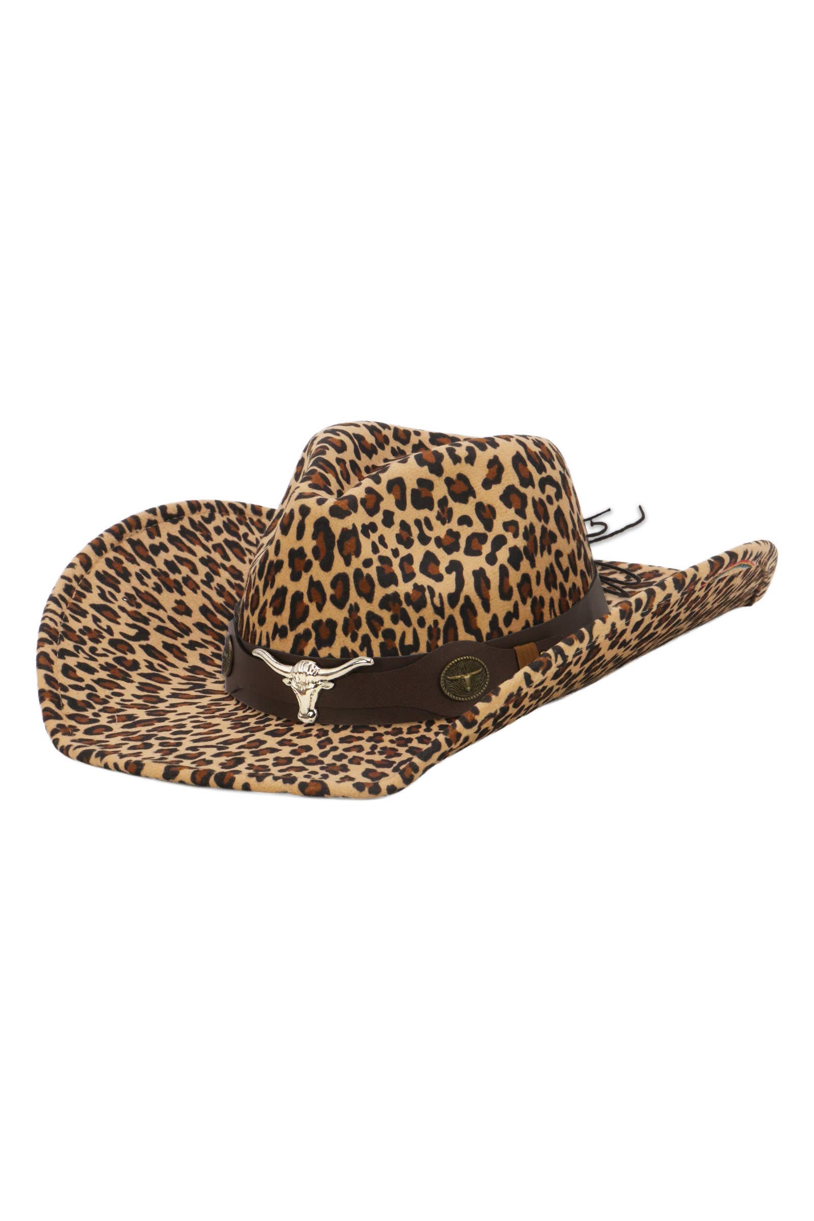 Cap Zone - Wholesale Cowboy Hat - Women's - Brown Longhorn Faux Leopard Felt Cowboy Hat0