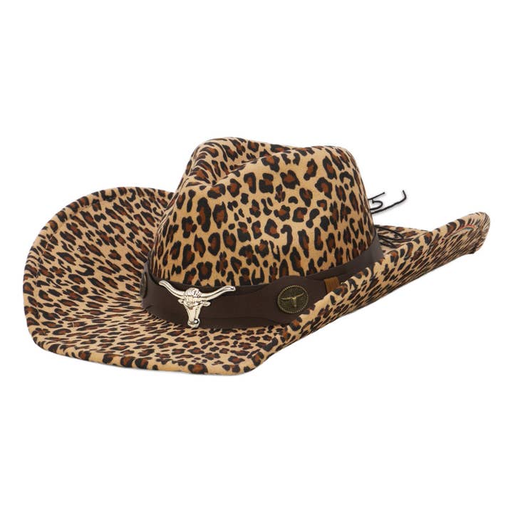 Cap Zone - Wholesale Cowboy Hat - Women's - Brown Longhorn Faux Leopard Felt Cowboy Hat