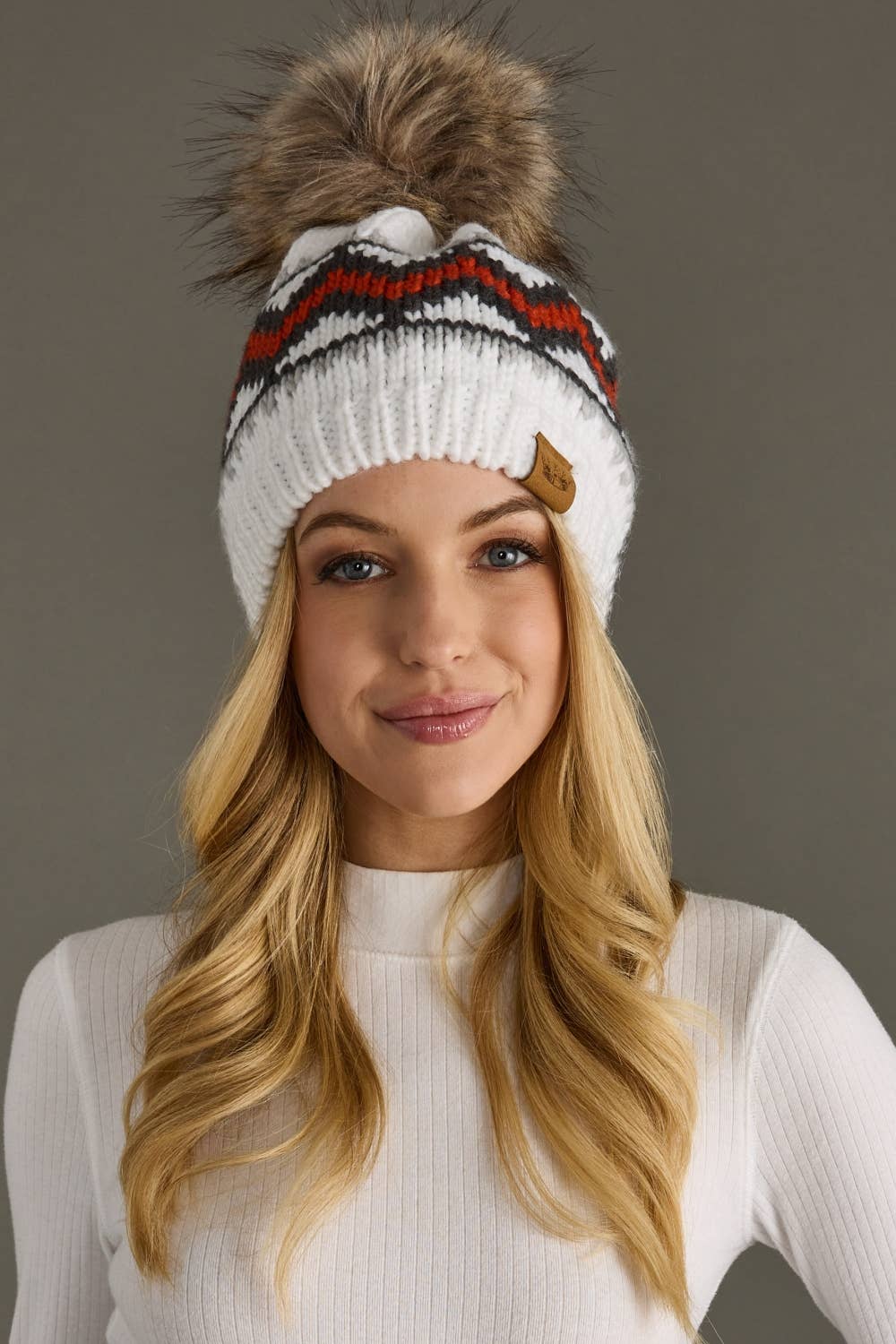 Panache Apparel Co. - Wholesale Beanie - Women's - White, Red & Gray Patterned Pom Hat3