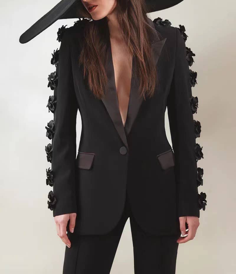 Black SET6-21 Elegant Floral Ruffle Blazer & Flare Pant Suit for wholesale on Faire5