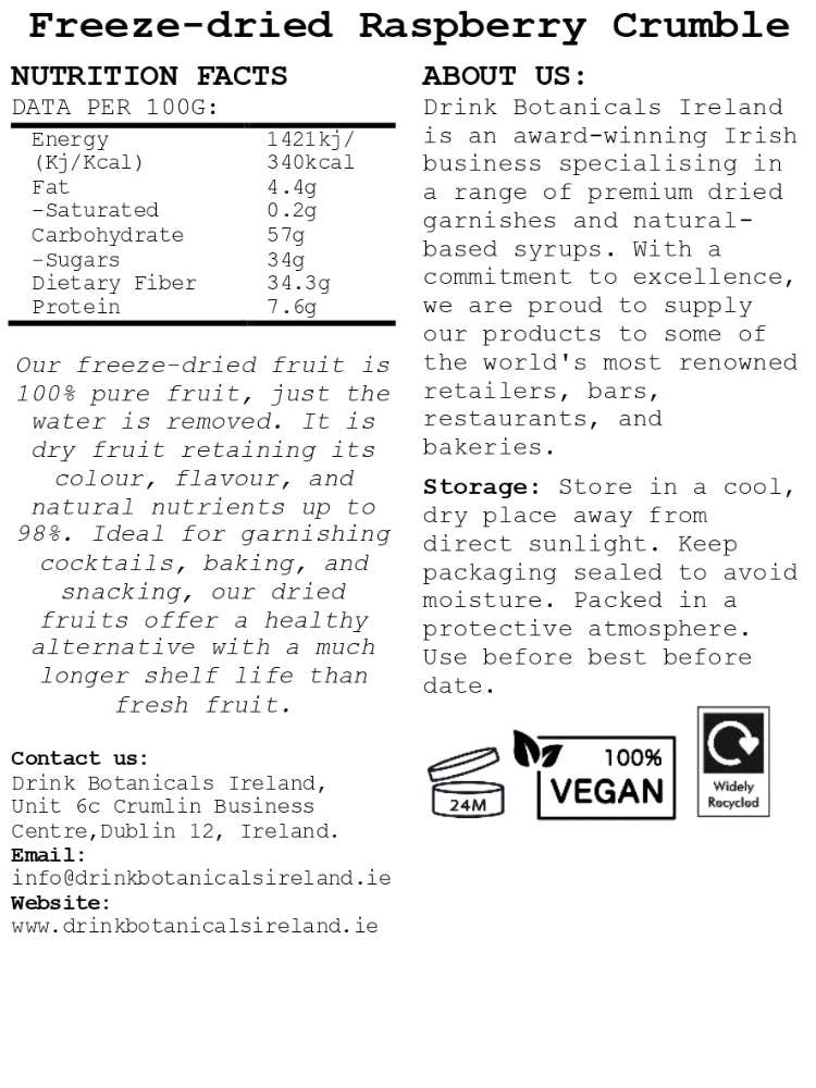 Drink Botanicals Ireland - Wholesale Dried/Dehydrated Fruit - Freeze Dried Raspberry Crumble2