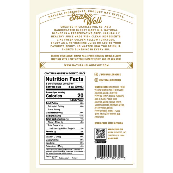 Natural Blonde Mix - Wholesale Cocktail Mix/Syrup - Natural Blonde Golden Bloody Mary Mix - Cocktail Mixer1