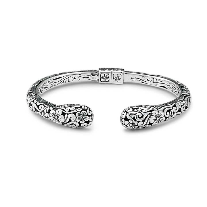 Eli Pebble - Wholesale Cuff Bracelet - SS Bali & Floral Design Hinged Bangle