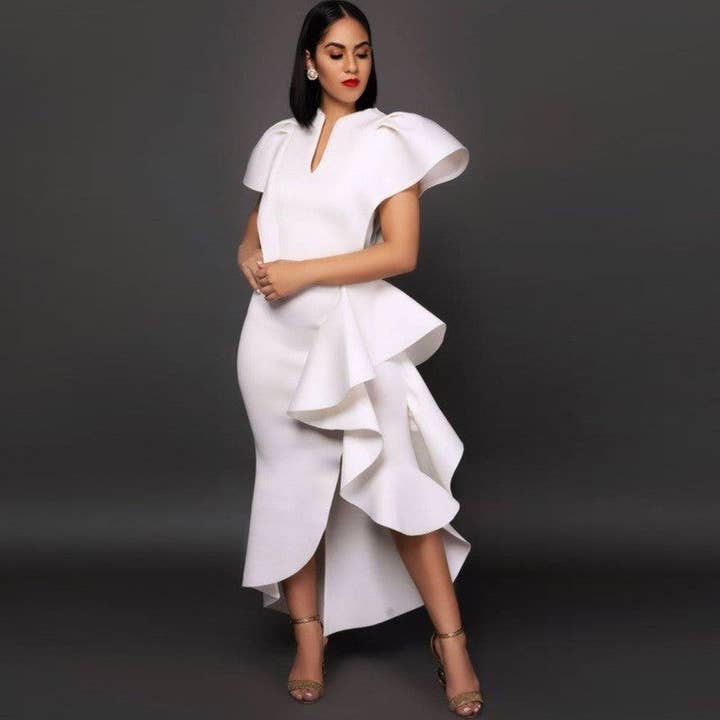 UZ Wholesale Store - Wholesale Dress - Women's - Irregular Hem V-Neck Ruffled High Waist Plus Size Bodycon Dress