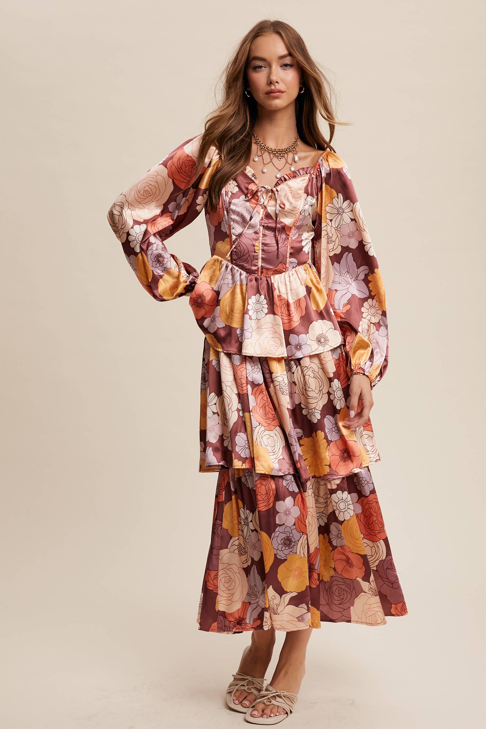 Listicle - Wholesale Dress - Women's - Floral Lace-Up Tiered Maxi Dress LD144811