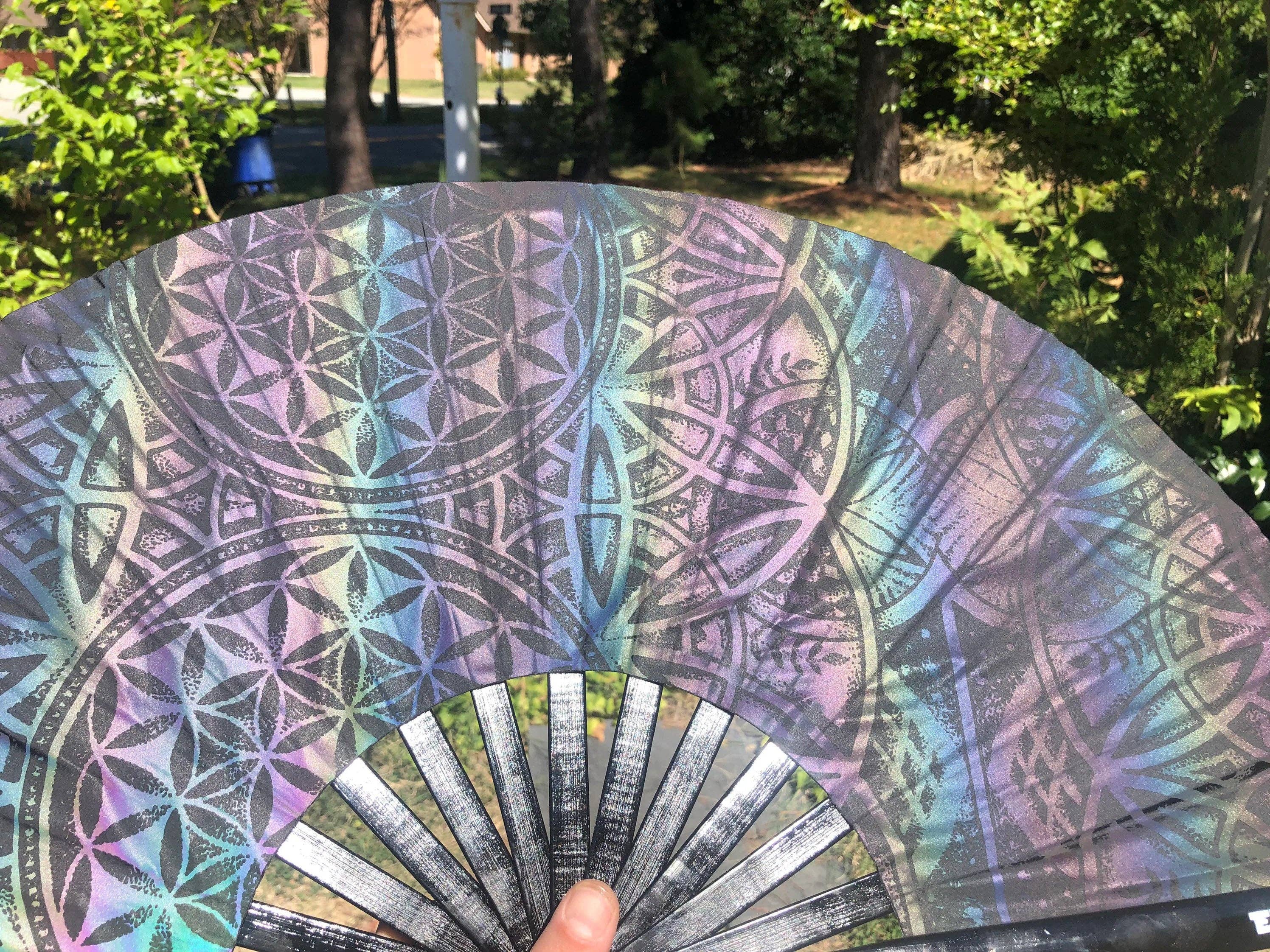 Enlighten - Wholesale Handheld Folding Fan - Large Dark Rainbow Reflective Sacred Geometry Hand Fan – Flash Reactive, Flower of Life Design, Festival Fashion, Rave Accessories1
