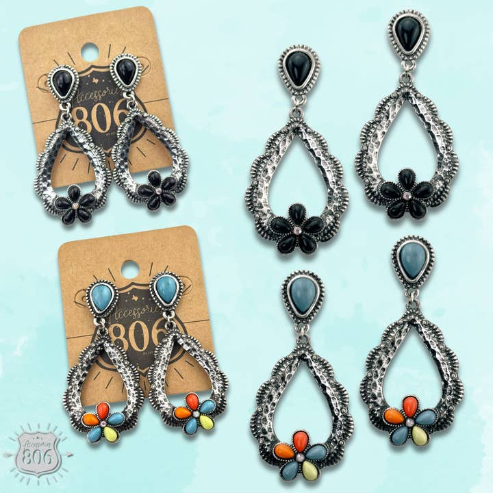 Stone flower open teardrop earring, last call for wholesale by Pink Panache Brands