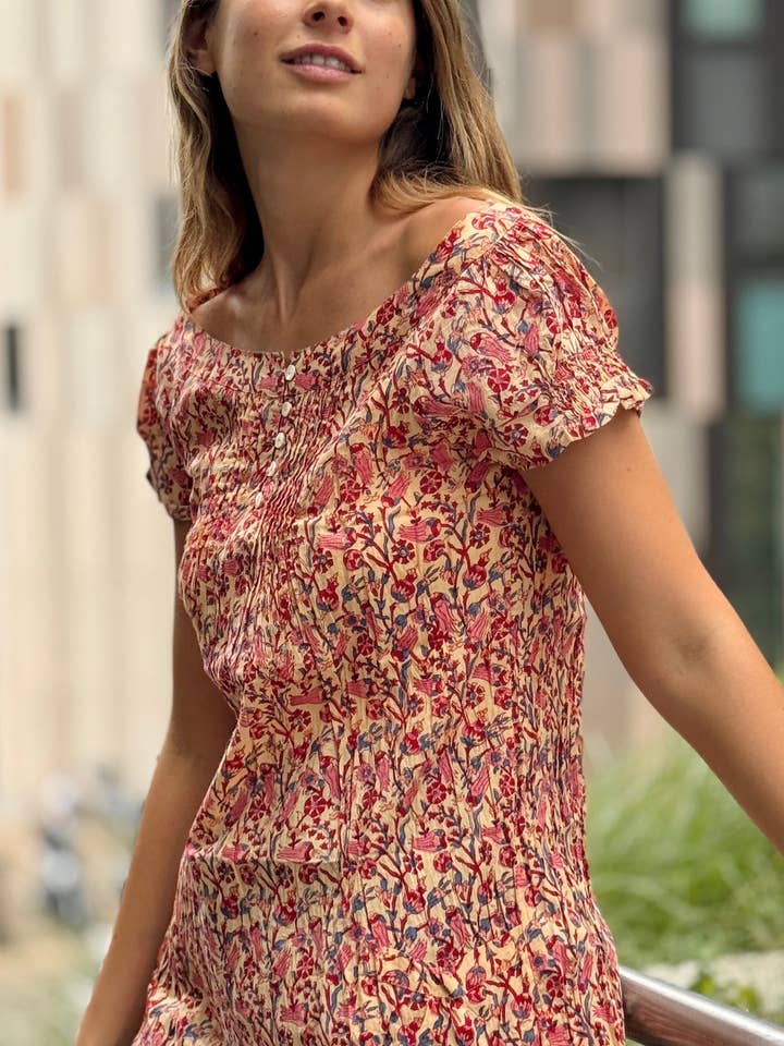 Camicia Blusa in Cotone Indiano Block Print – Fantasia Floreale, Maniche Corte for wholesale by MALINI FASHION DESIGN PRIVATE LIMITED