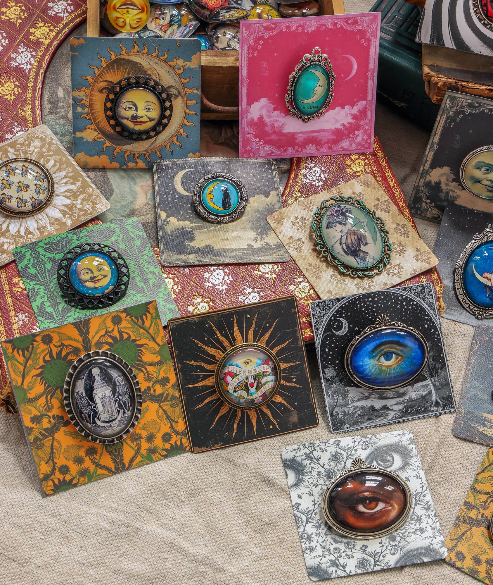 Asunder Bazaar - Wholesale Brooch - 20pc Handmade Eclectic Vintage Cameo Brooches on Cards7