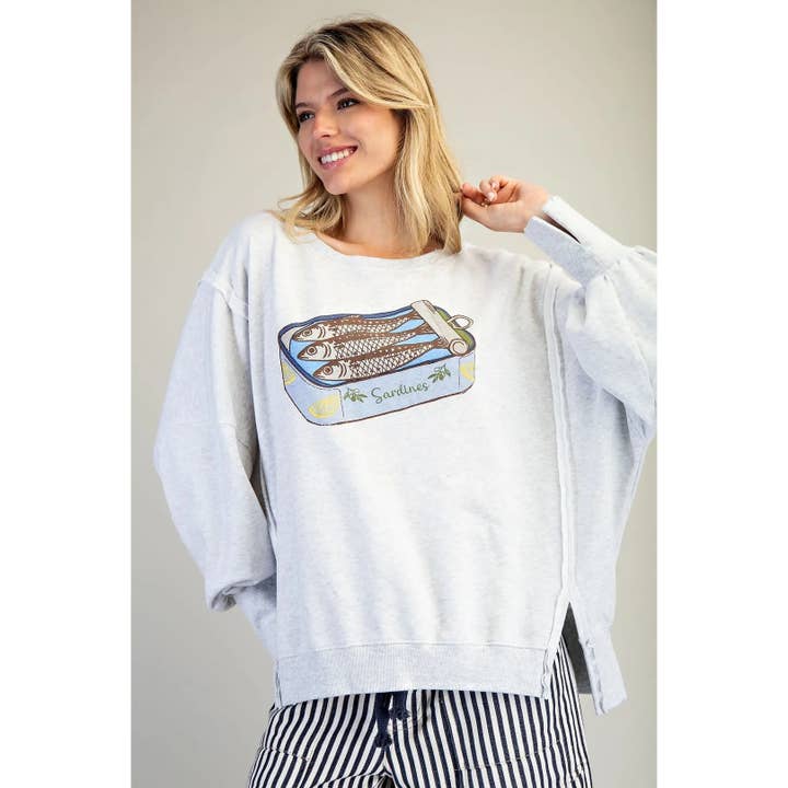 NEW Stone Washed Sardines Graphic Sweatshirt for wholesale by STYLE USA