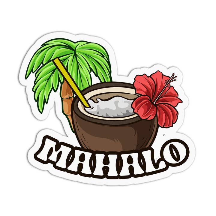 Autocollants imperméables en vinyle Hawaii Mahalo Coconut pour la vente par Girls Printing House