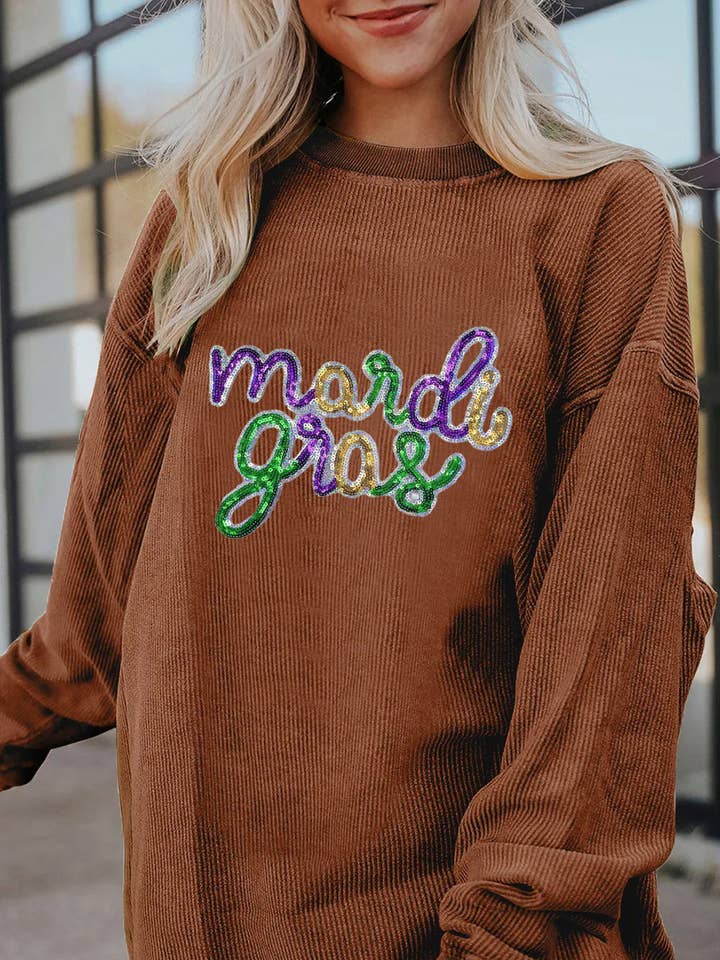 Mardi Gras Glitrende Bogstav Grafisk Sweatshirt for engroshandel hos Lovesoft