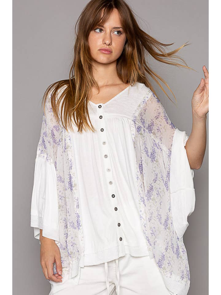 Pol Clothing - Wholesale Knit Top - Women's - Oversize V-neck bell sleeve floral print hoodie knit top