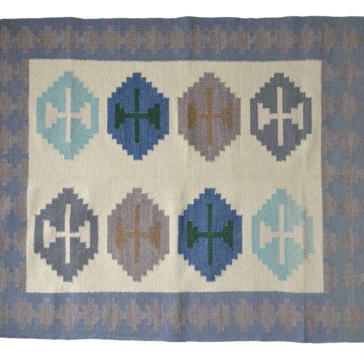 Blue Wool Kilim Rug Geometric 180cm x 120cm Kilim Hand Woven Knotted 6ft x 4ft for wholesale by Designs Emporium