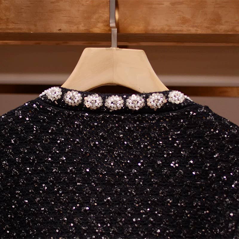 Svart JK241Y Damers Svart Stickad Kofta med Strassdetaljer för wholesale på Faire6