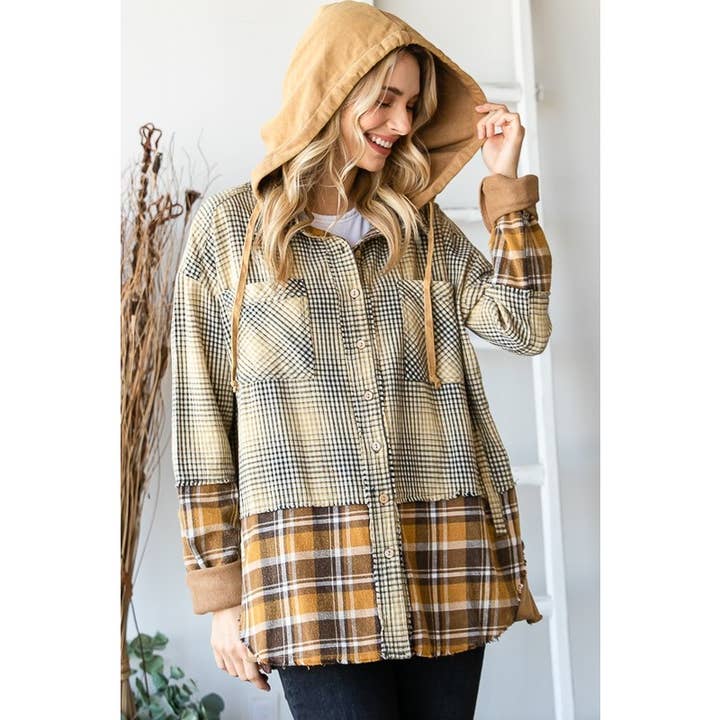 CAMEL COMBO WASHED PLAID MIXED HOODED BUTTON FRONT SHACKET for wholesale on Faire3