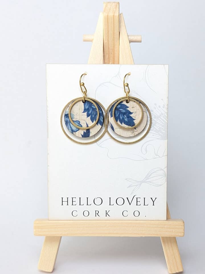 Brass Circle Earrings - Blue and White Floral for wholesale by Hello Lovely Cork Co.