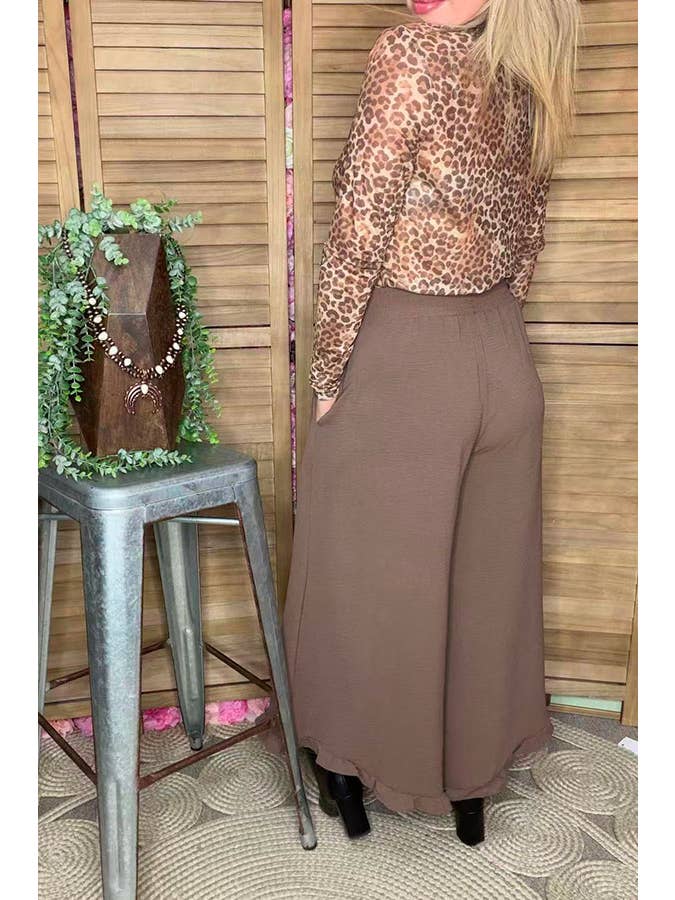 luluclothes - Wholesale Pants - Women's - Solid color tan ruffles wide leg women pant XCH167693