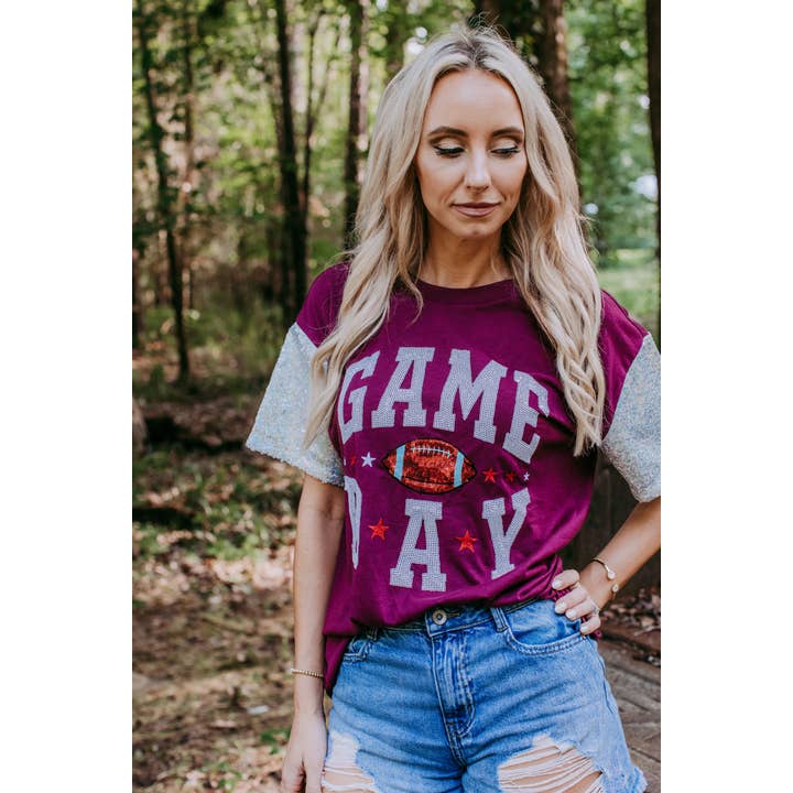 Maroon MK489 Sequins Embroidery Game Day Tee for wholesale on Faire