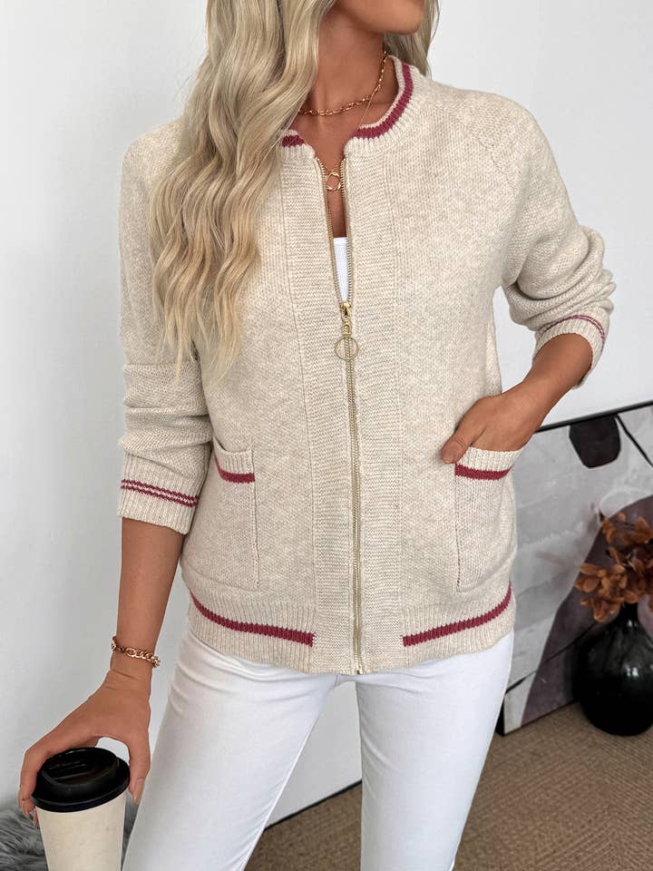 Varsity Inspired Zip Up Sweater for wholesale by Tickled Teal