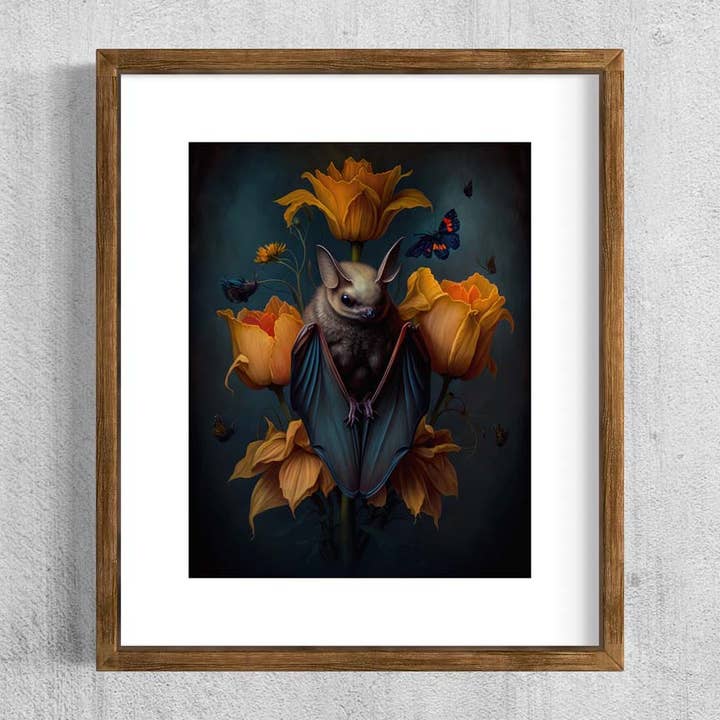 Salty Alyce - Vente Affiche d'art - Peinture murale vintage avec forme de chauve-souris et nature morte AS149