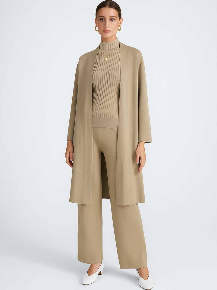 Sweetkama - Wholesale Top & Pant Set (NOT Loungewear) - Women's - Ladies Solid Color Open Knit Cardigan & Pants 3PCS Set1