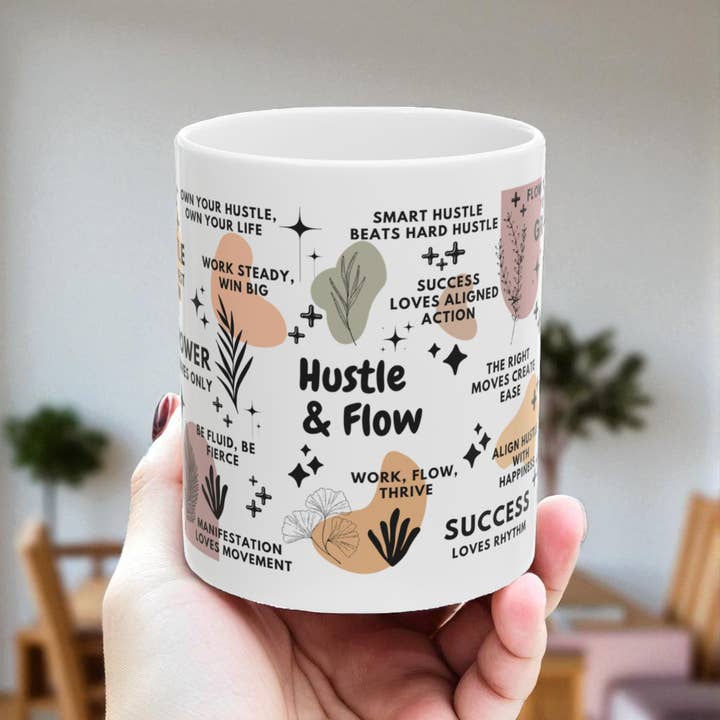 EMESLY - Wholesale Coffee Mug - Hustle and Flow Motivational Ceramic Coffee Mug; 11oz/15oz
