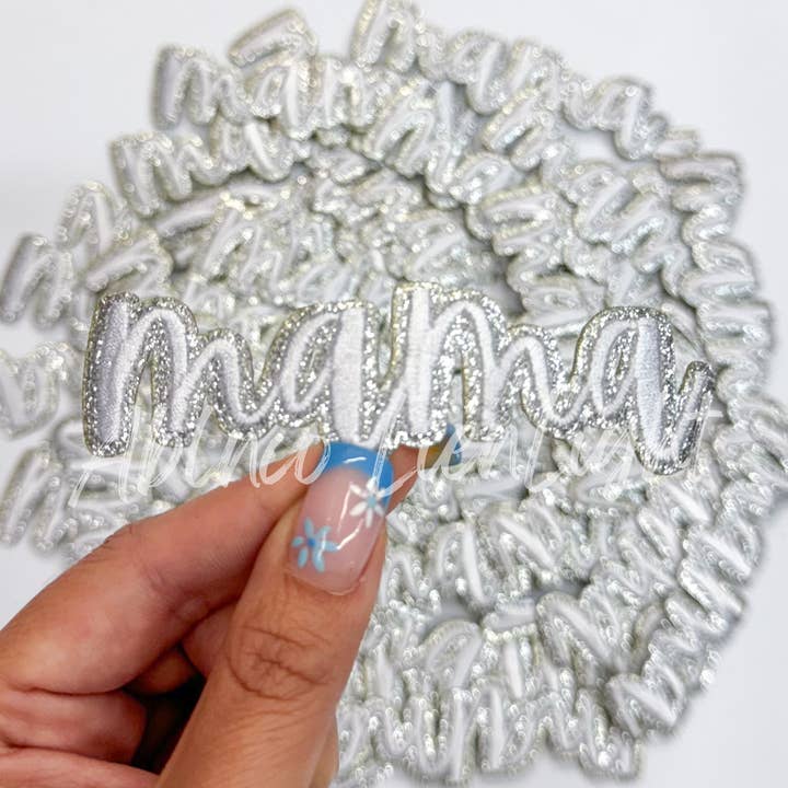 ABLNco - Wholesale Patch - mama white cursive patch glitter trucker hat patches iron on