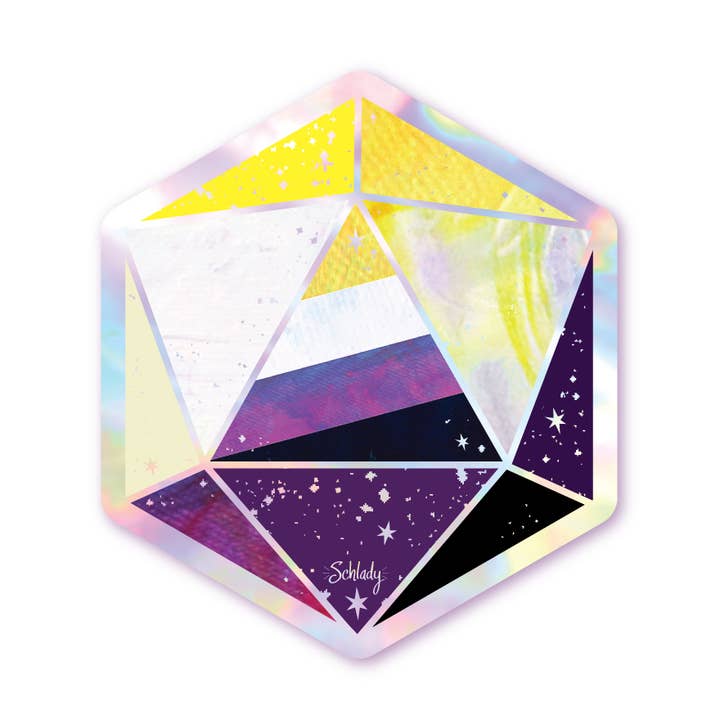 Nonbinary Pride D20 - Holographic Hexagon Sticker for wholesale by Schlady