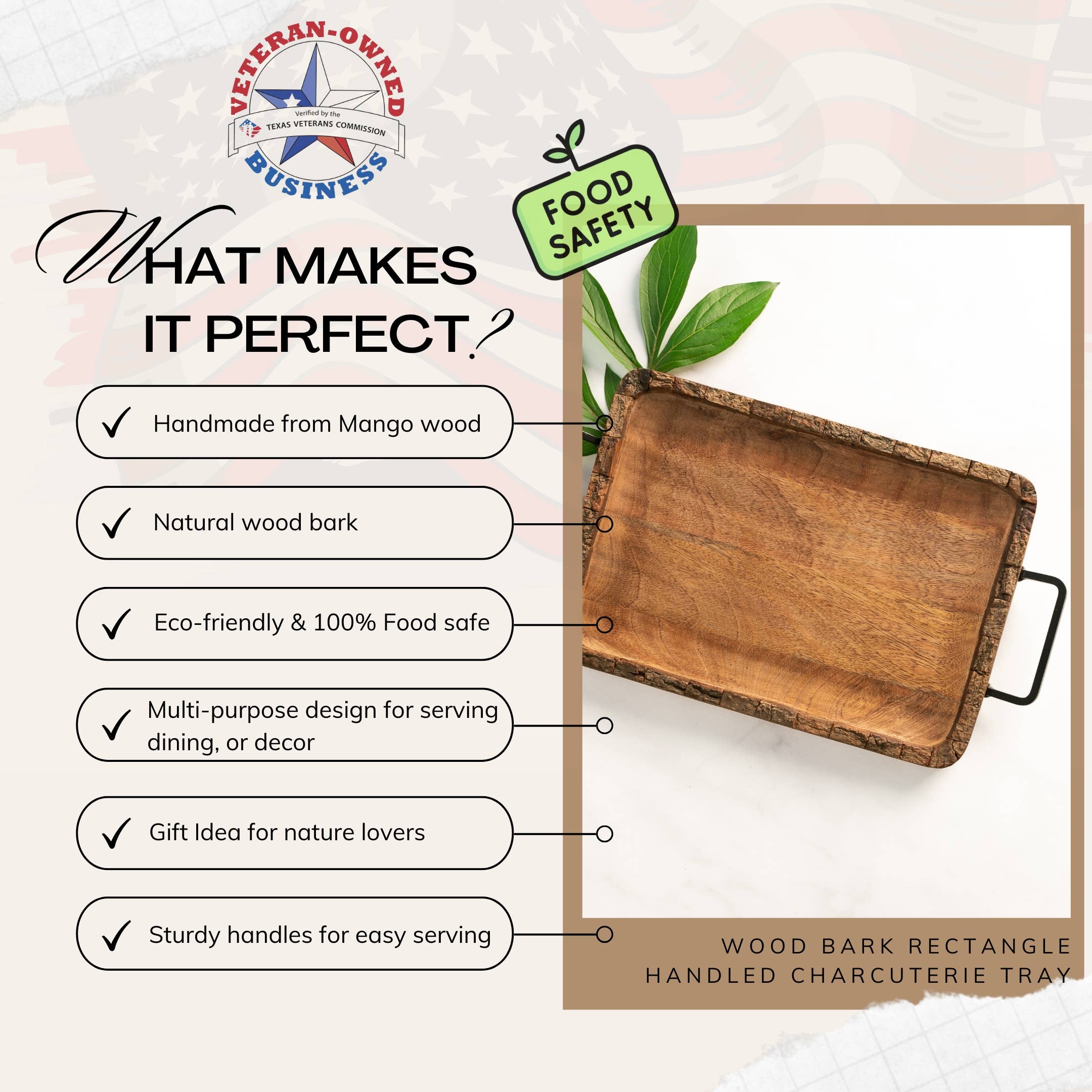 Valor Home Goods - Wholesale Serving Tray - Wood Bark Rectangular Handled Charcuterie Tray3