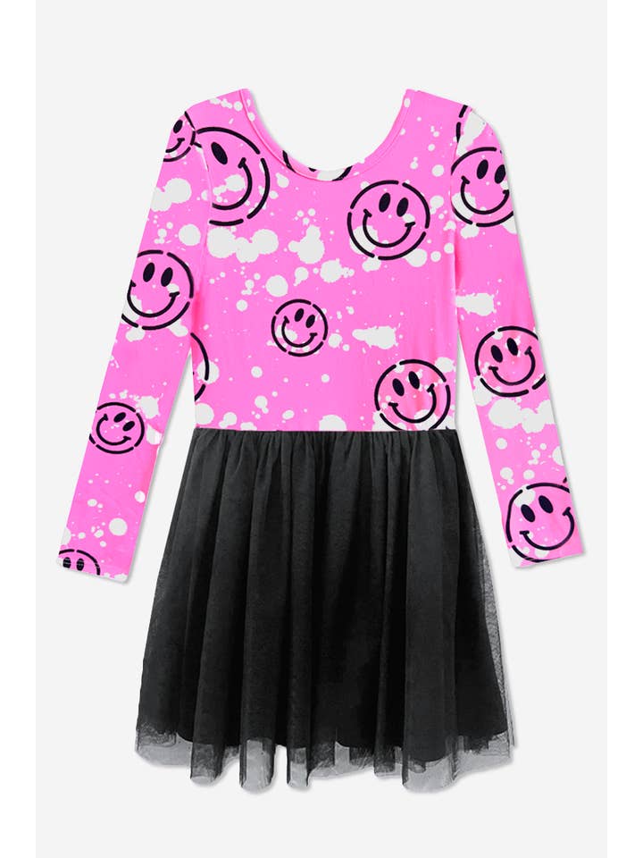 Simply Soft Long Sleeve Be Happy Tulle Dress - Pink Splatter Smile for wholesale on Faire