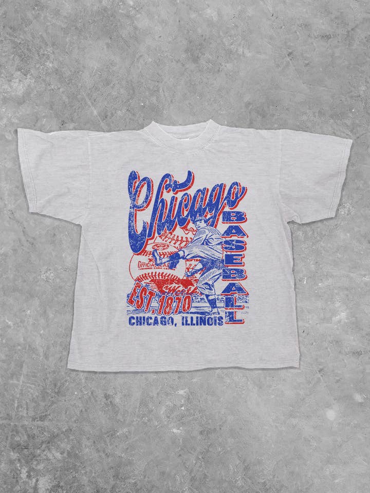 Maglietta in cotone squadrata da giorno di partita di baseball di Chicago anni '90 per la vendita all'ingrosso da parte di The Clandestine Underground