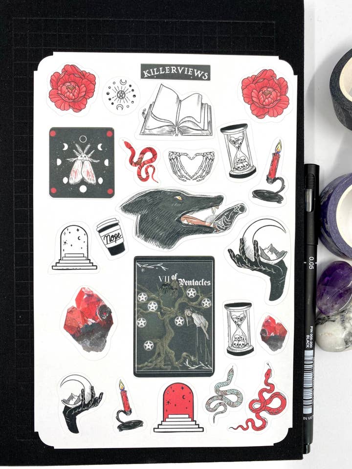 Red witch theme sticker sheet for bullet journal kit and planner- witchcraft Wiccan celestial for wholesale by Killerviews