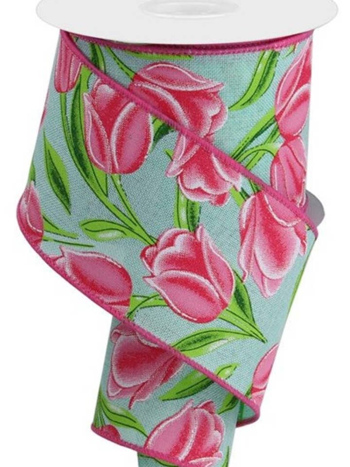 2.5"X10YD spring TULIPS ON DIAGONAL WEAVE-Mint/White/Pink-RGE1147AN for wholesale by General Wholesale Inc