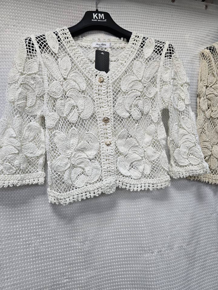 Beige Gold Button Crochet Lace Pure Cotton Cardigan for wholesale on Faire