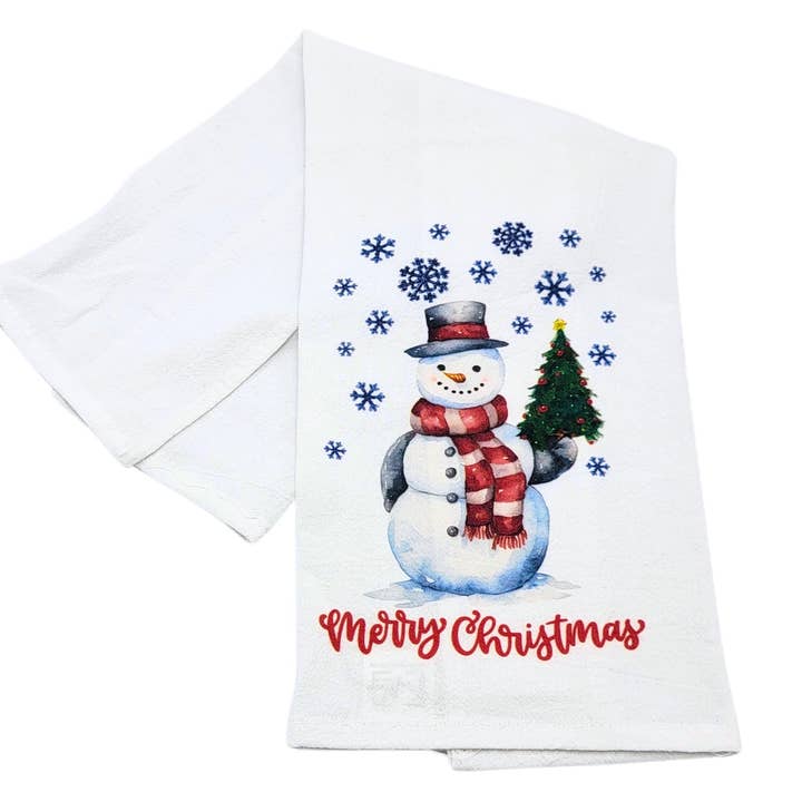 Snowman With Christmas Tree Merry Christmas Tea Towel for wholesale by Driftless Studios